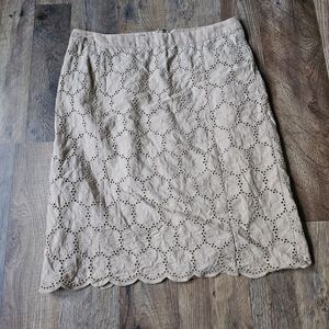 Mango Skirt Womens 4 Tan Floral Eyelet Overlay Straight Zip Scalloped Hem Suit